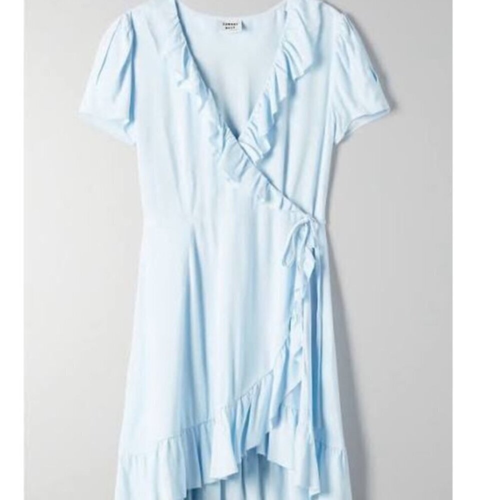 Aritzia Sunday Best Ruffle  Wrap Dress Light Blue Size Small
